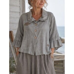 SEA BREEZE Cotton Button Jacket XL Hand Painted Boho Lagenlook Artsy USA Made